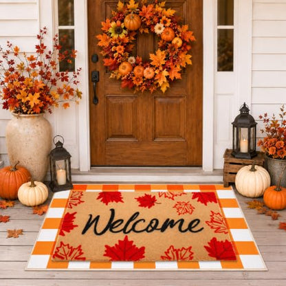 Fall Maple Leaf Welcome Doormat Set - Brown & Leaf - Outdoor Door Mat for Fall Decor