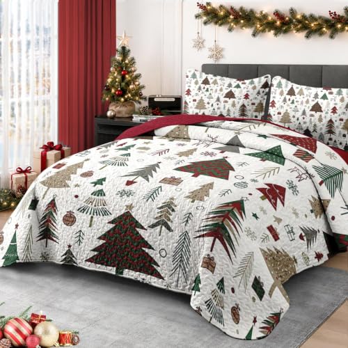 Queen Christmas Quilt Set with Tree Retro Bedding 3 Pieces - Forest Variation