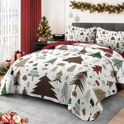 Queen Christmas Quilt Set with Tree Retro Bedding 3 Pieces - Forest Variation