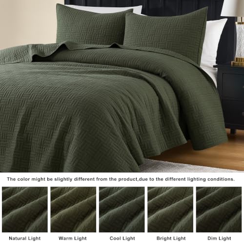 Light Green Cotton Quilt Set Queen Size 3 Pieces - Textured Rustic Bedding