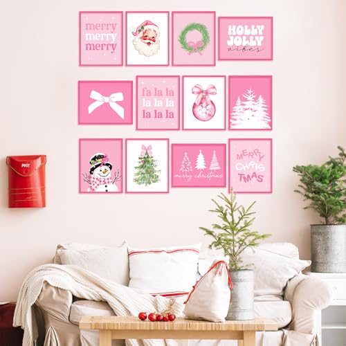 Set of 12 Pink Christmas Wall Art Prints - Holiday Holiday Decor, Snowman Santa Tree