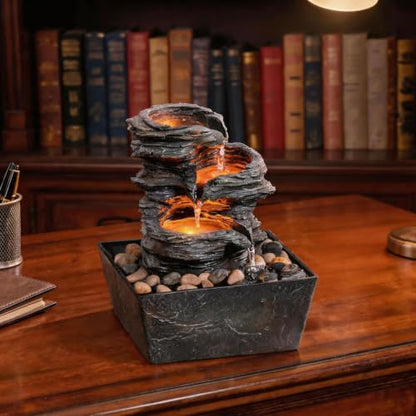 Indoor Tabletop Water Fountain with LED Lights, 3-Tier Resin Rock Waterfall
