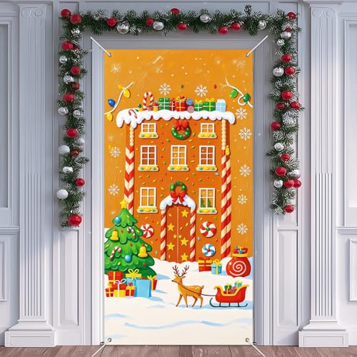 IVN Christmas Reindeer House Door Cover Banner - Classic Gingerbread Design 71 x 35 Inch