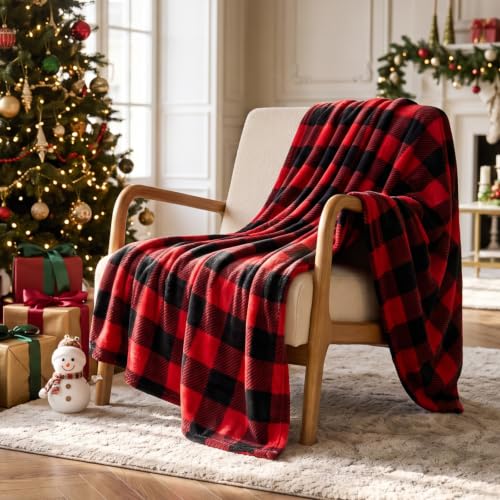 Christmas Fleece Throw Blanket for Couch & Bed - Red & Black Plaid 50x60