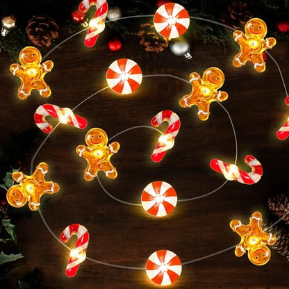 Battery-Operated Christmas Lights 16ft Gingerbread & Candy Cane Ornaments, 40 LEDs Timer