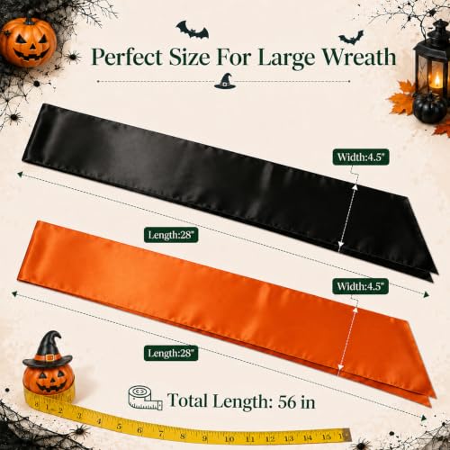 Halloween Wreath Sash Set - Black and Orange Satin Decor for Front Door
