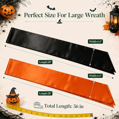 Halloween Wreath Sash Set - Black and Orange Satin Decor for Front Door