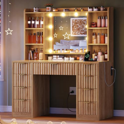 Fluted Vanity Desk with Mirror & 9 Drawers, 6 Open Shelves, 10 Bulbs, 3 Lighting Modes, Built-in Outlet