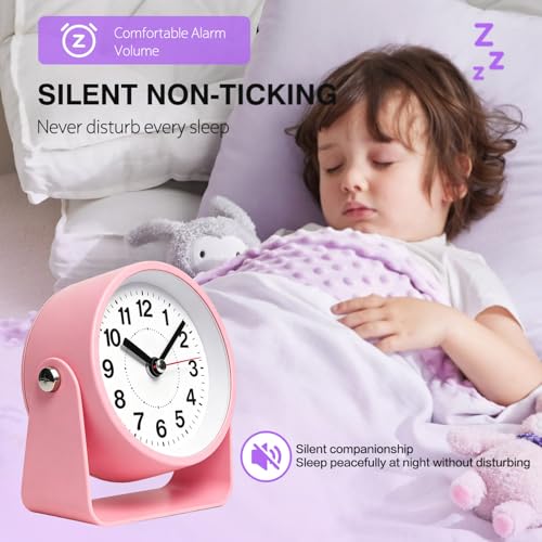 Pink 3.5-Inch Retro Analog Alarm Clock Silent Metal Table Desk Clock with Light