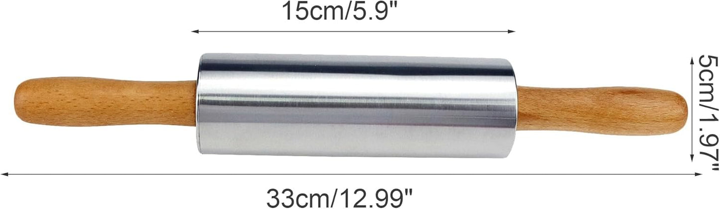 Skiennix Stainless Steel Rolling Pin - 13-Inch Dough Roller with Wood Handle for Baking & Pastry