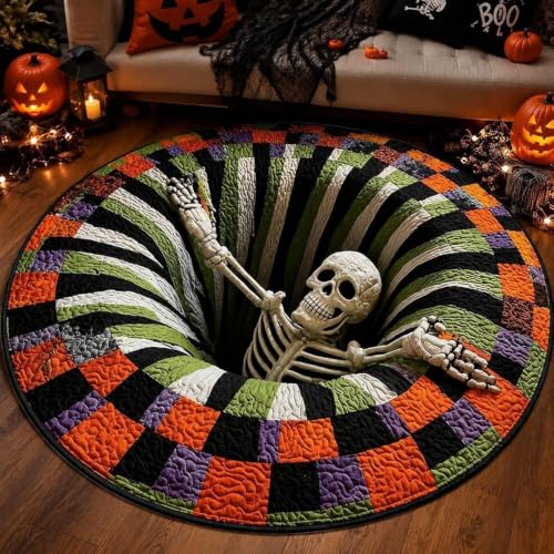 3D Halloween Rug with Skull Variation - Ghost Skeleton Vortex Optical Illusion, Candy Corn Design, Non-Slip, 24 Inch