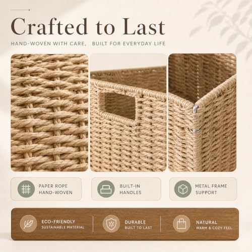 Wicker Storage Basket Set of 2, 13x13x13 Inch Foldable Cube Bins with Handles