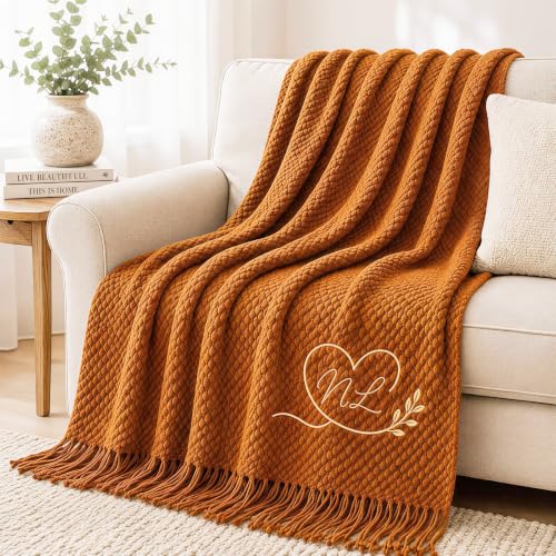 Personalized Knitted Throw Blanket with Embroidery & Tassel Edges - Wedding Gift