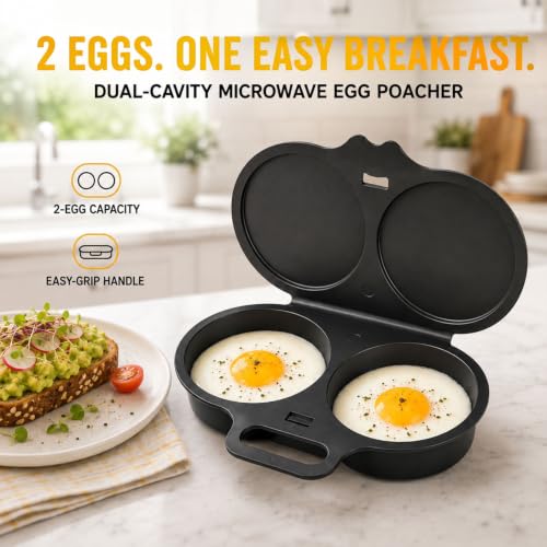Dual Cavity Microwave Egg Poacher with Lid & Handle - Black, 2 Eggs, Nonstick