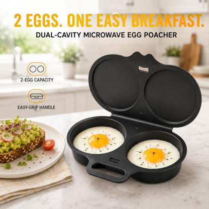 Dual Cavity Microwave Egg Poacher with Lid & Handle - Black, 2 Eggs, Nonstick