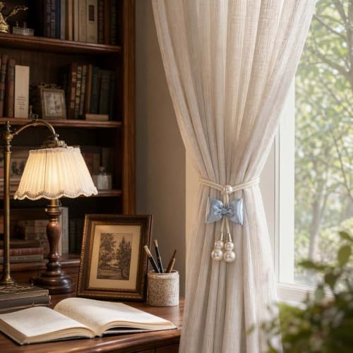 Blue Pearl Bow Curtain Tiebacks 2 Pack No-Drill Adjustable Home Decor