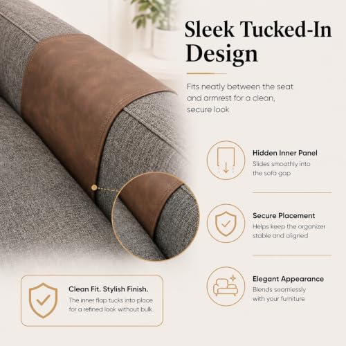 Brown Leather Sofa Armrest Organizer for Couch & Recliner – Waterproof Multi-Pocket Couch Caddy with Magazine & Small Item Storage - Variations of This Listing