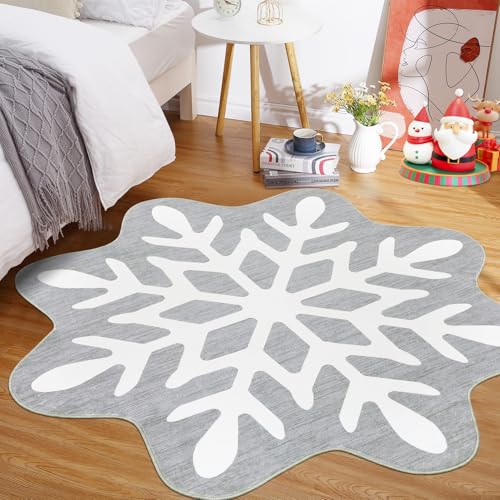 Christmas Snowflake Round Rug 4ft Grey Washable Non-Slip Low Pile Carpet for Living Room