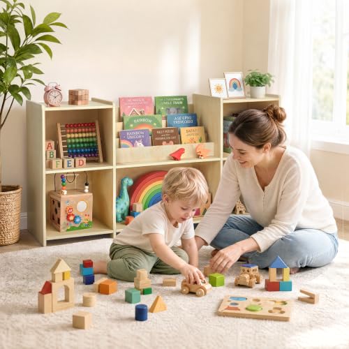 Kids Montessori Bookshelf Wooden Toy Storage Organizer - Child-Friendly Design