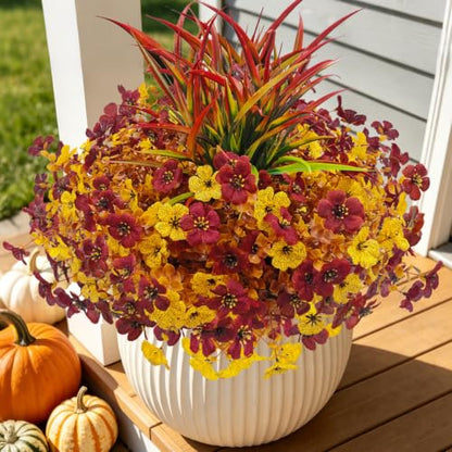 Artificial Fall Flowers Set - UV Resistant Autumn Mums for Outdoors, 12 Bundles Fall Colors