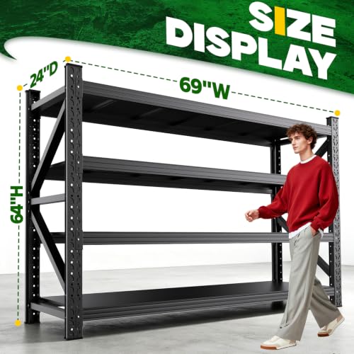 69 Inch Heavy Duty Garage Shelving Unit, 4-Tier Adjustable Metal Storage Rack with Side Reinforcement - Black, 1/64H x 69W x 24D
