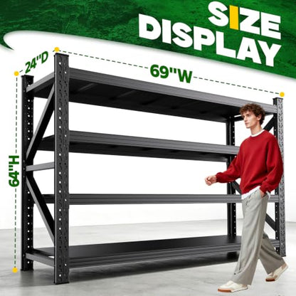 69 Inch Heavy Duty Garage Shelving Unit, 4-Tier Adjustable Metal Storage Rack with Side Reinforcement - Black, 1/64H x 69W x 24D