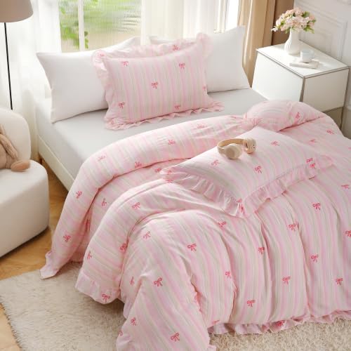 Pink Striped Bow Queen Duvet Cover Set with Ruffles - Romantic Bedding