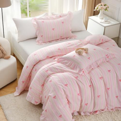 Pink Striped Bow Queen Duvet Cover Set with Ruffles - Romantic Bedding
