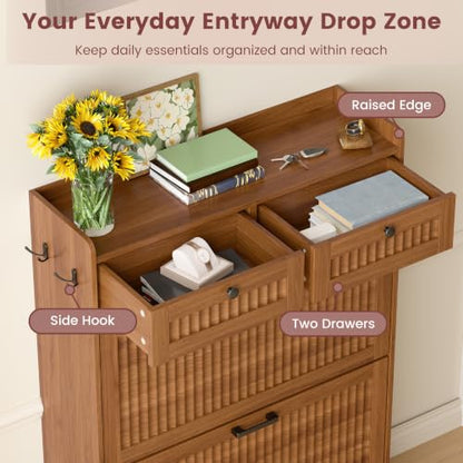 Walnut Fluted Shoe Cabinet with 2 Flip & 2 Top Drawers - Entryway Storage