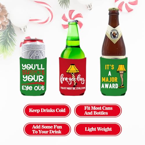 Christmas Beer Can Covers Set of 8 - Reusable Neoprene Christmas Movie Drink Sleeves for 12 oz Cans & Bottles
