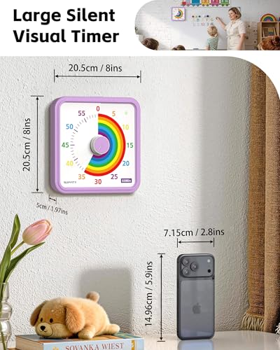 Large 8-Inch Visual Timer for Kids Classroom Use - Purple Rainbows