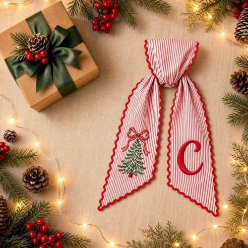 Christmas Wreath Sash for Front Door Red White Striped Fabric Bow with Printed Tree & Letter - Variation C
