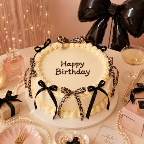 20 Pcs Black Satin and Leopard Print Ribbon Cake Toppers - Party Decor