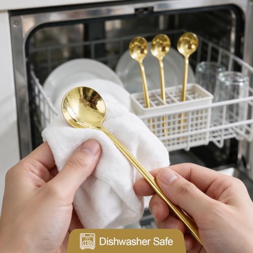 Gold Coffee Spoons Set 4 - 6.7 Inch Long Handle Teaspoons, Stainless Steel