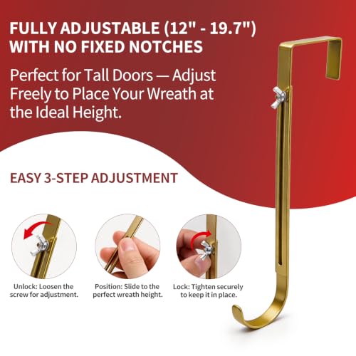 Adjustable Wreath Hanger for Front Door - Gold, Supports Up to 20 lb
