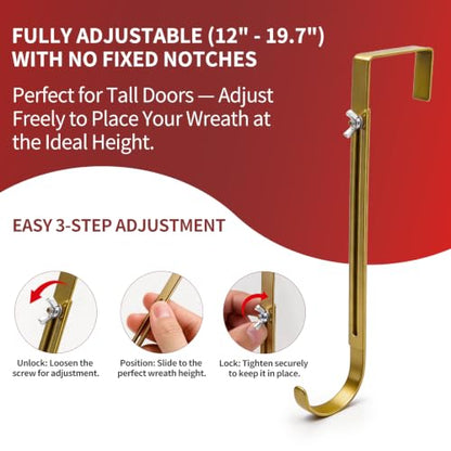 Adjustable Wreath Hanger for Front Door - Gold, Supports Up to 20 lb