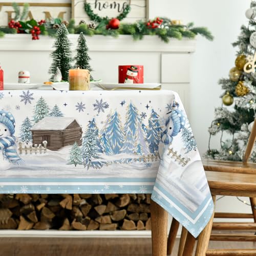 Christmas Tablecloth 60 x 84 Inch Rectangular Blue Snowman Pine - Holiday Decor
