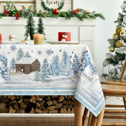 Christmas Tablecloth 60 x 84 Inch Rectangular Blue Snowman Pine - Holiday Decor