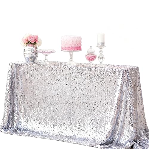 Silver Sequin Tablecloth 50x72 Inch - Sparkly Glitter for Wedding Party, Rectangular Silver