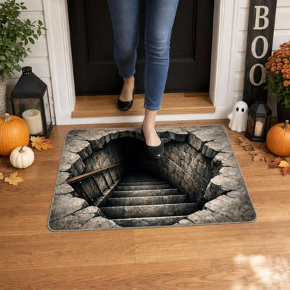 3D Halloween Non-Slip Floor Rug - Optical Illusion Skull Pattern, 2'8" x 1'8" Black
