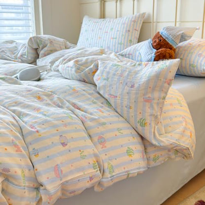 Kids Fish Duvet Cover Set Muslin Cotton Twin Blue Striped 4 Piece