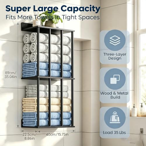 Modern Black 3-Tier Wall Mounted Towel Rack with Wooden Shelf - Bathroom Organizer