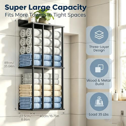 Modern Black 3-Tier Wall Mounted Towel Rack with Wooden Shelf - Bathroom Organizer