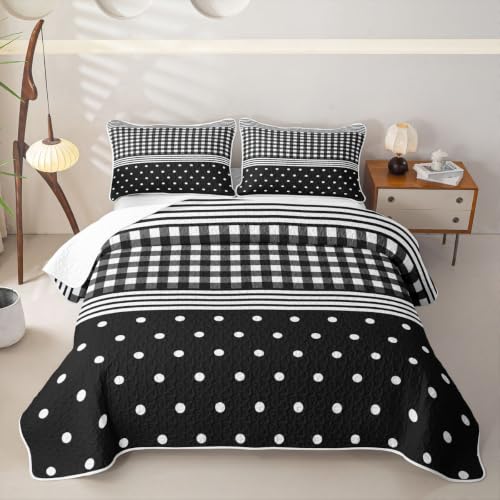 Black Buffalo Plaid Full Quilt Set with Polka Dot Bedding - Bedspread Coverlet for Girls Boys - Black / Full