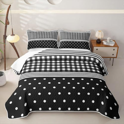Black Buffalo Plaid Full Quilt Set with Polka Dot Bedding - Bedspread Coverlet for Girls Boys - Black / Full