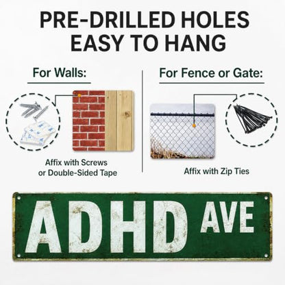 Funny ADHD Ave Metal Tin Sign - Quirky Wall Decor for Home & Office