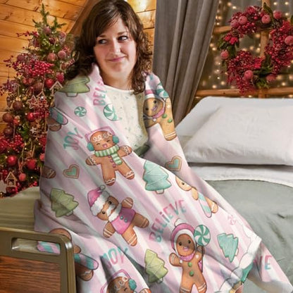 Christmas Gingerbread Man Flannel Blanket - Pink Xmas Tree Stripes, 50 x 60