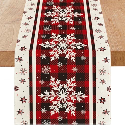Snowflakes Christmas Table Runner 13 x 90 Inches with Buffalo Plaid Holiday Decor