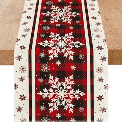 Snowflakes Christmas Table Runner 13 x 90 Inches with Buffalo Plaid Holiday Decor