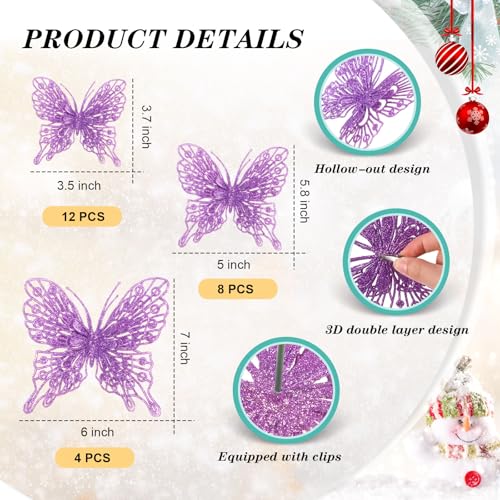 Purple Butterfly Christmas Tree Ornaments Set - 24 Glitter Holiday Decor